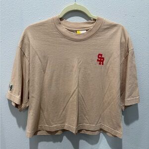 Stevenson Ranch Women’s Crop Beige T-Shirt with Red Logo and Cactus Patch